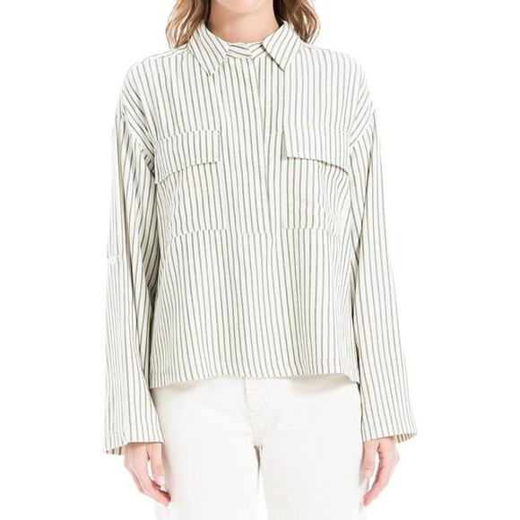 Max Studio | XS | Striped Tab Sleeve Collared V-neck Pullover Blouse Shirt - Picture 1 of 7